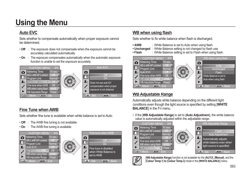 Using the menu, Auto evc, Fine tune when awb | Wb when using ﬂ ash, Wb adjustable range | Samsung ER-GX20ZBBB-E1 User Manual | Page 64 / 163