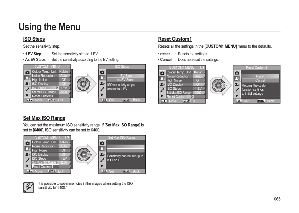 Using the menu, Reset custom1, Iso steps | Set max iso range | Samsung ER-GX20ZBBB-E1 User Manual | Page 66 / 163
