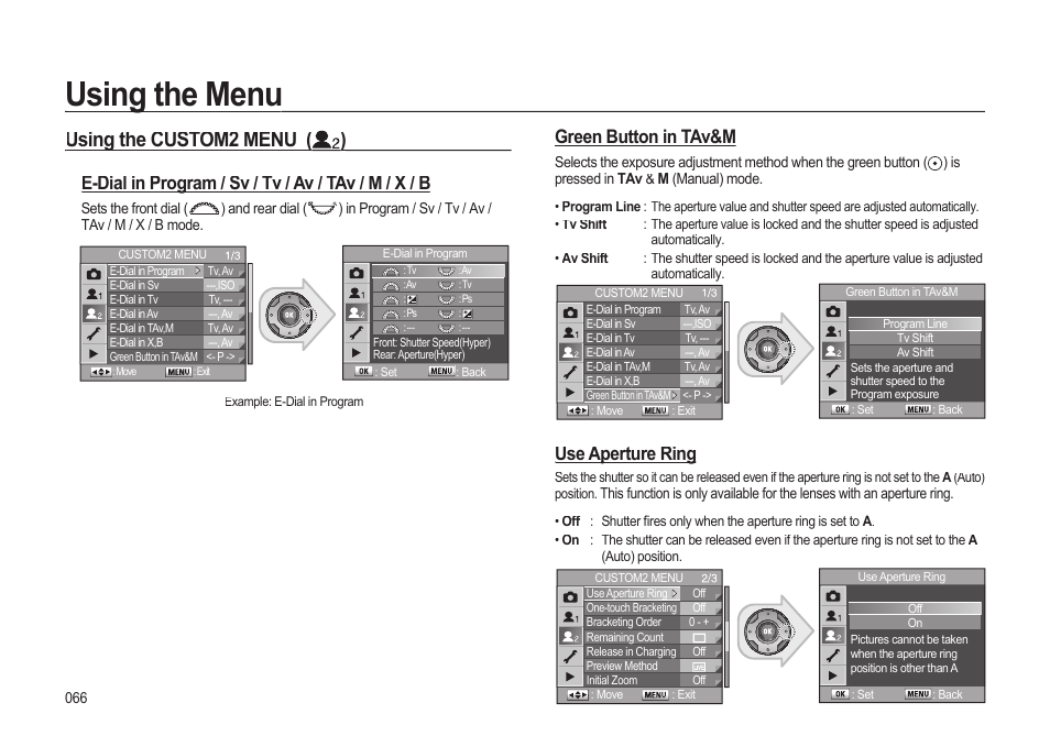 Using the menu, Green button in tav&m, Use aperture ring | E-dial in program / sv / tv / av / tav / m / x / b | Samsung ER-GX20ZBBB-E1 User Manual | Page 67 / 163