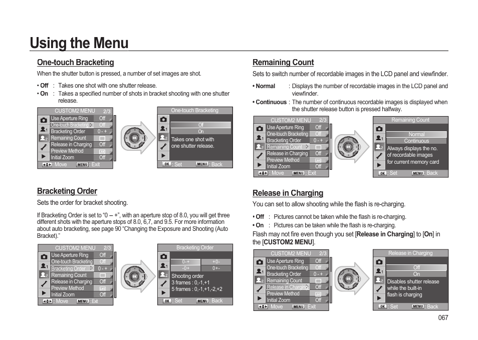 Using the menu, Remaining count, Release in charging | One-touch bracketing, Bracketing order | Samsung ER-GX20ZBBB-E1 User Manual | Page 68 / 163