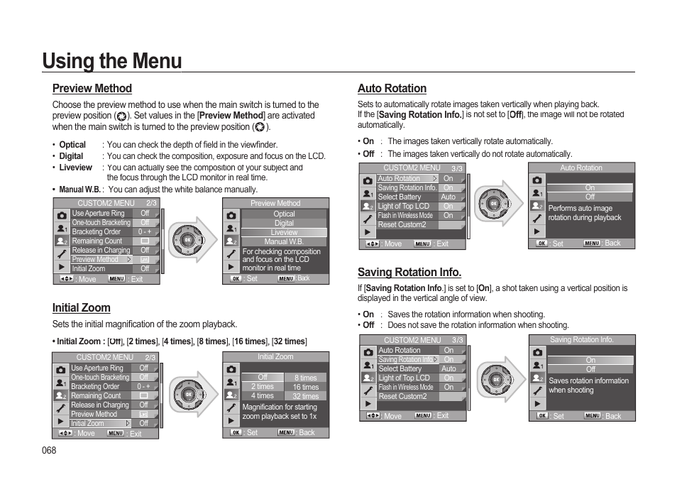 Using the menu, Preview method, Initial zoom | Auto rotation, Saving rotation info | Samsung ER-GX20ZBBB-E1 User Manual | Page 69 / 163