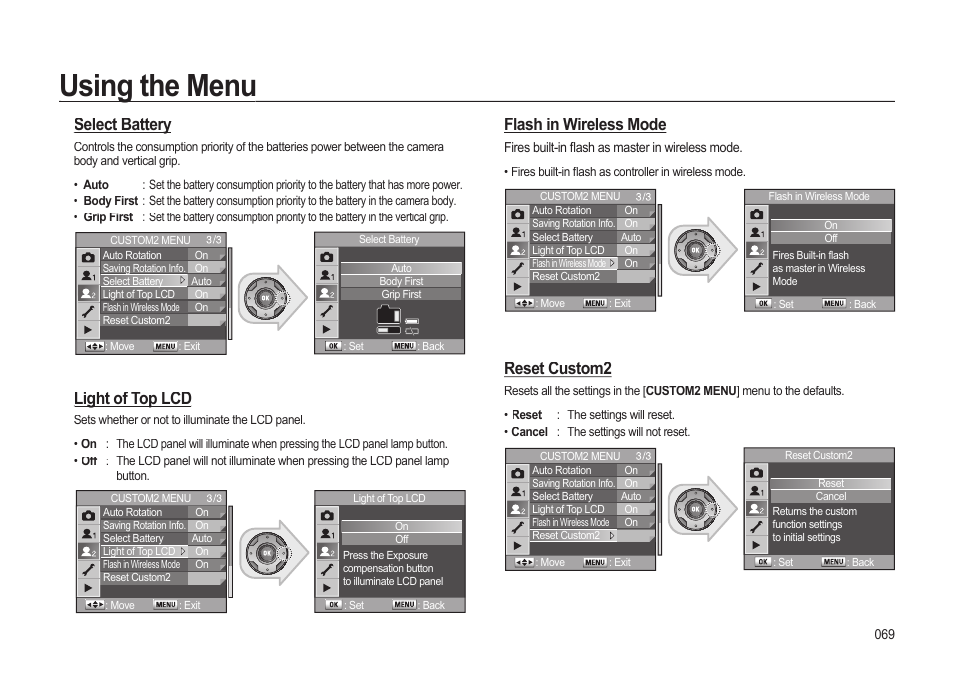 Using the menu, Select battery, Light of top lcd | Flash in wireless mode, Reset custom2 | Samsung ER-GX20ZBBB-E1 User Manual | Page 70 / 163