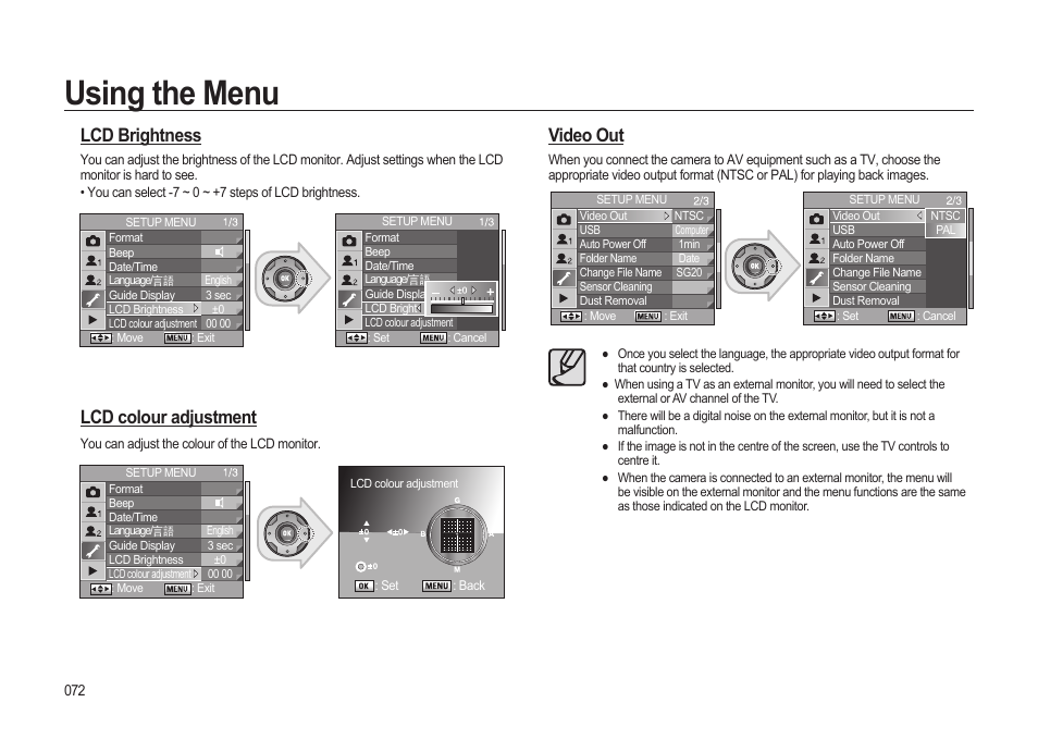 Using the menu, Video out, Lcd brightness | Lcd colour adjustment | Samsung ER-GX20ZBBB-E1 User Manual | Page 73 / 163