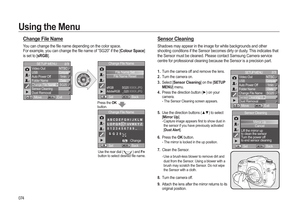 Using the menu, Sensor cleaning, Change file name | Samsung ER-GX20ZBBB-E1 User Manual | Page 75 / 163