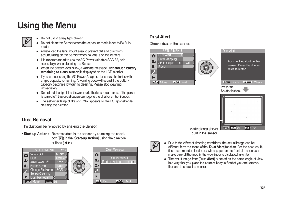 Using the menu, Dust removal, Dust alert | Samsung ER-GX20ZBBB-E1 User Manual | Page 76 / 163