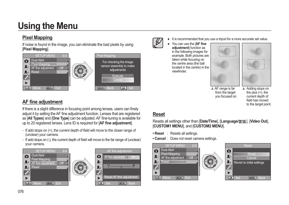 Using the menu, Reset, Pixel mapping | Af fi ne adjustment | Samsung ER-GX20ZBBB-E1 User Manual | Page 77 / 163