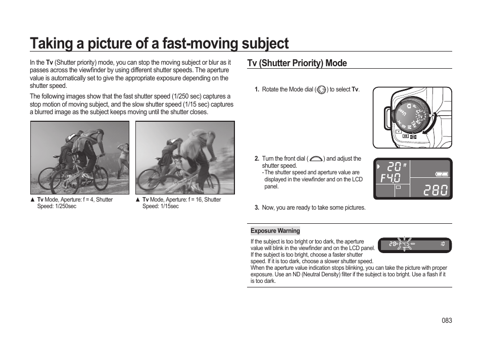 Taking a picture of a fast-moving subject, Tv (shutter priority) mode | Samsung ER-GX20ZBBB-E1 User Manual | Page 84 / 163
