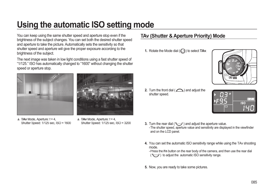 Using the automatic iso setting mode, Tav (shutter & aperture priority) mode | Samsung ER-GX20ZBBB-E1 User Manual | Page 86 / 163