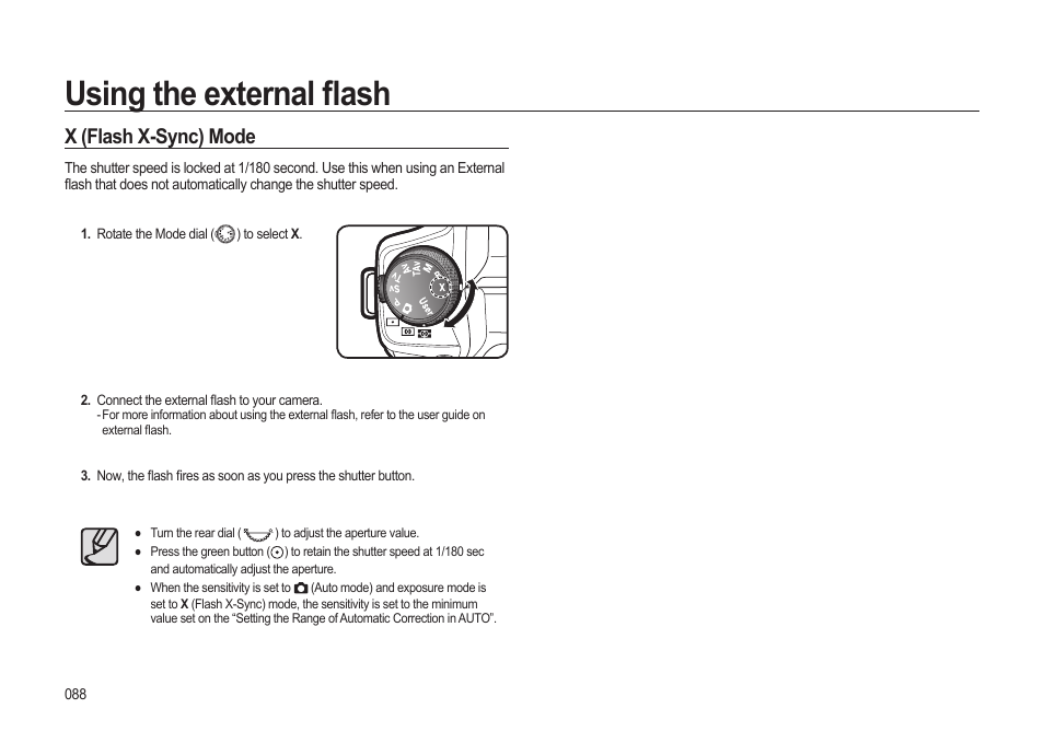 Using the external fl ash, X (flash x-sync) mode | Samsung ER-GX20ZBBB-E1 User Manual | Page 89 / 163