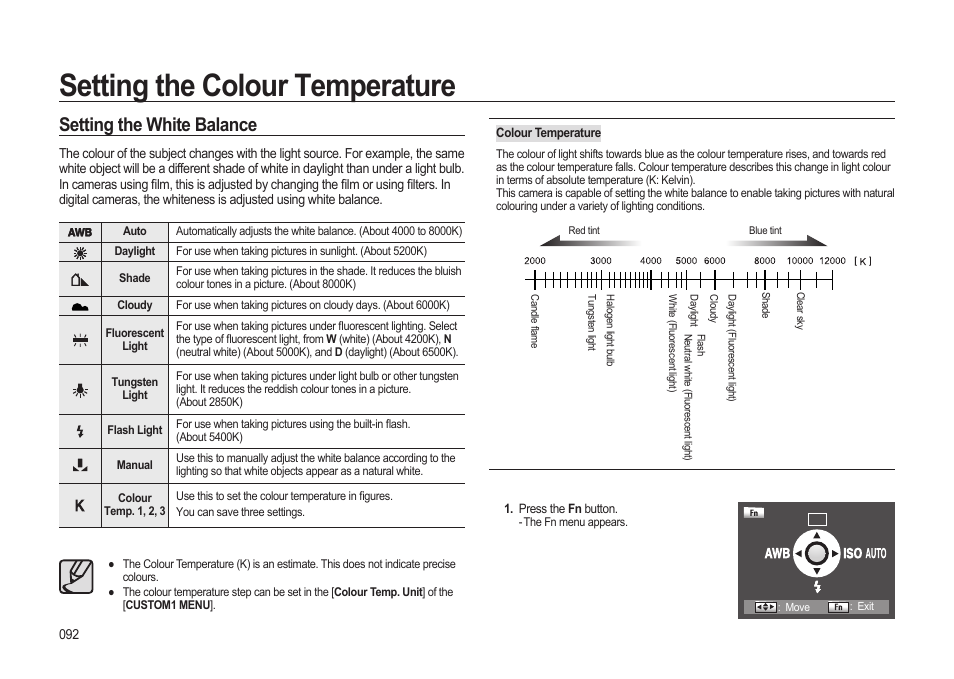 Setting the colour temperature, Setting the white balance | Samsung ER-GX20ZBBB-E1 User Manual | Page 93 / 163