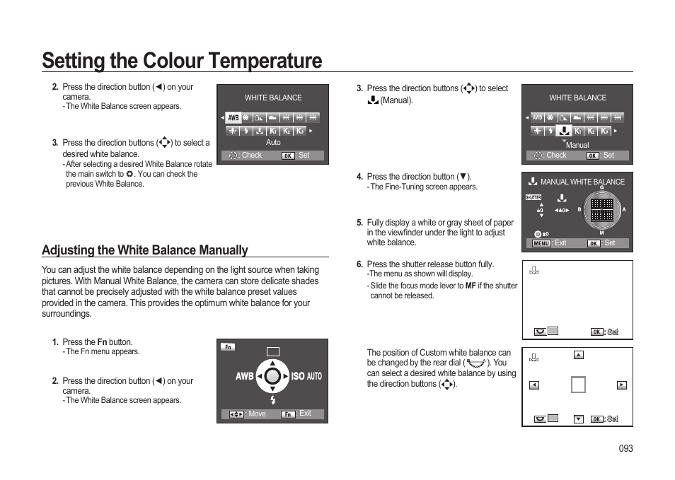 Setting the colour temperature, Adjusting the white balance manually | Samsung ER-GX20ZBBB-E1 User Manual | Page 94 / 163