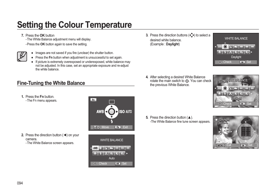 Setting the colour temperature, Fine-tuning the white balance | Samsung ER-GX20ZBBB-E1 User Manual | Page 95 / 163