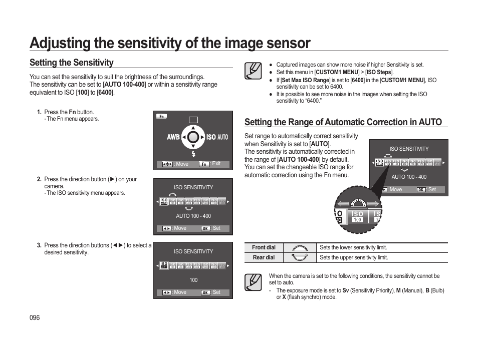 Adjusting the sensitivity of the image sensor, Setting the sensitivity, Setting the range of automatic correction in auto | Samsung ER-GX20ZBBB-E1 User Manual | Page 97 / 163