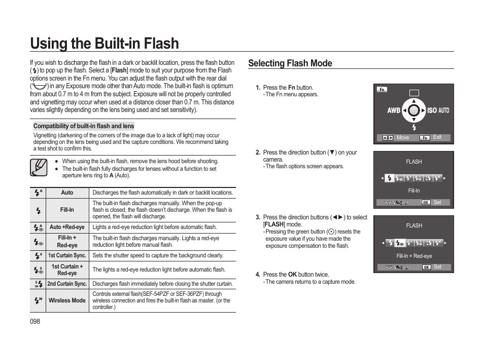 Using the built-in flash, Selecting flash mode | Samsung ER-GX20ZBBB-E1 User Manual | Page 99 / 163