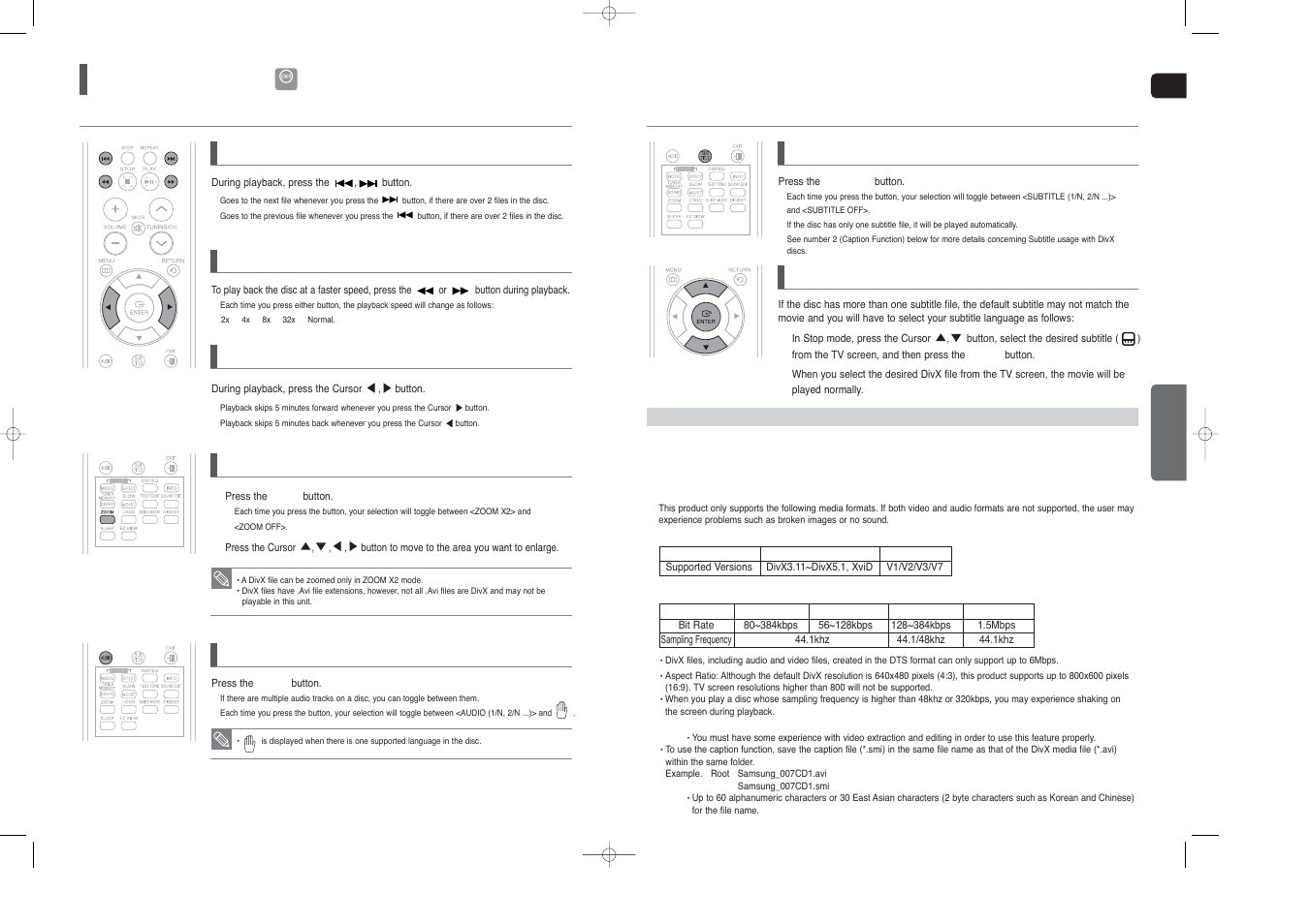 Divx playback, Skip forward/back, 5 minute skip function | Fast playback 1, Zoom function, Audio display, If the disc has more than one subtitle file, Subtitle display | Samsung HT-X250T-XAA User Manual | Page 15 / 34