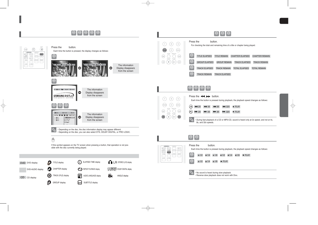 Using the playback function, Displaying disc information, Checking the remaining time | Fast playback, Slow playback, Eng opera tion | Samsung HT-X250T-XAA User Manual | Page 16 / 34