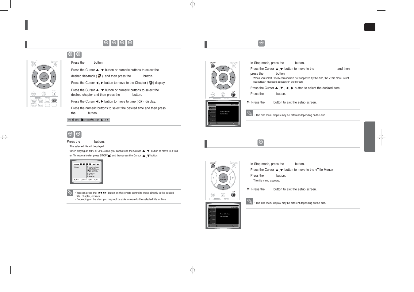 Using the playback function, Con’t), Moving directly to a scene/song 1 | Using the disc menu using the title menu | Samsung HT-X250T-XAA User Manual | Page 20 / 34
