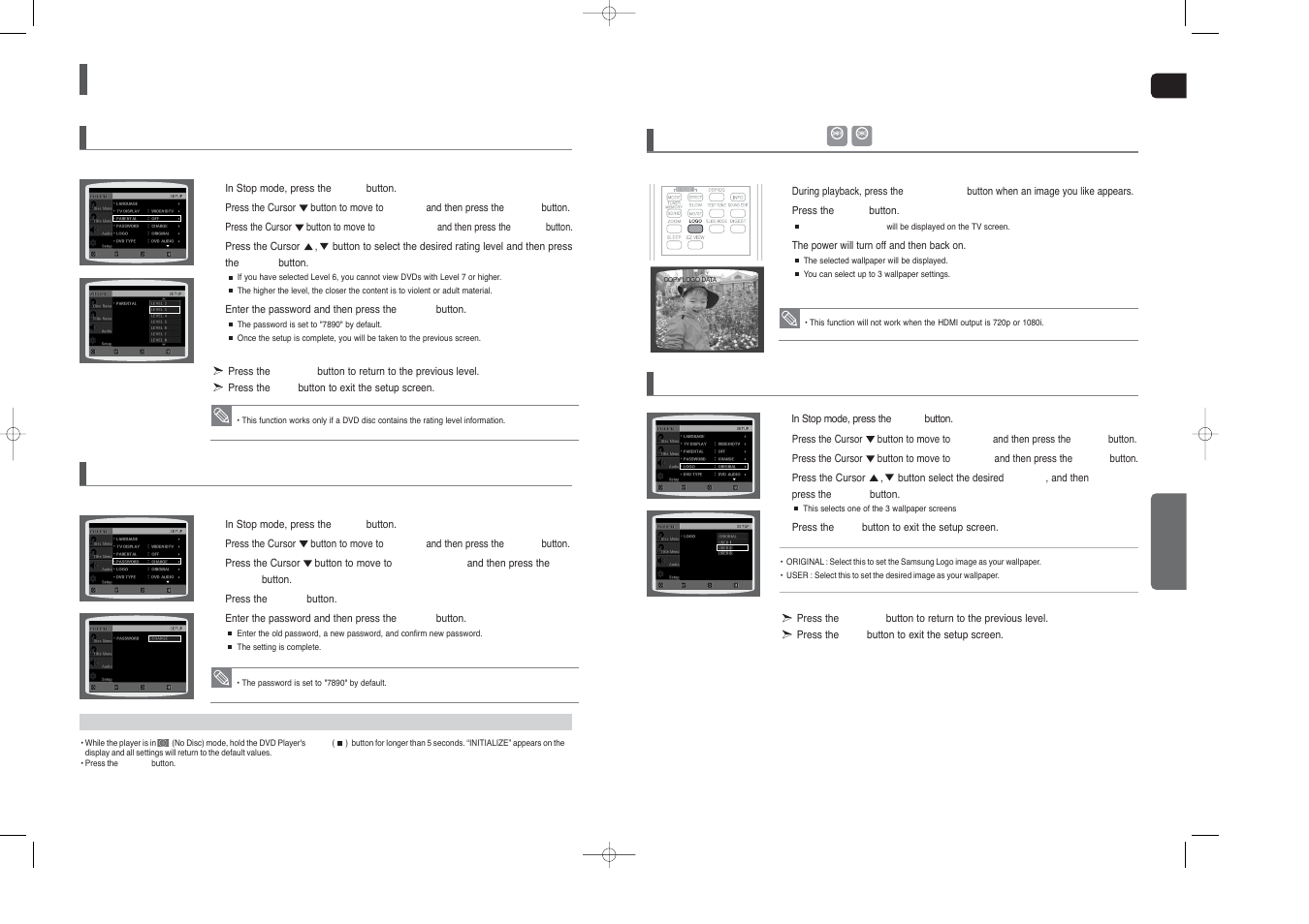 Settings, Con’t), Setting parental controls (rating level) | Setting the password | Samsung HT-X250T-XAA User Manual | Page 23 / 34