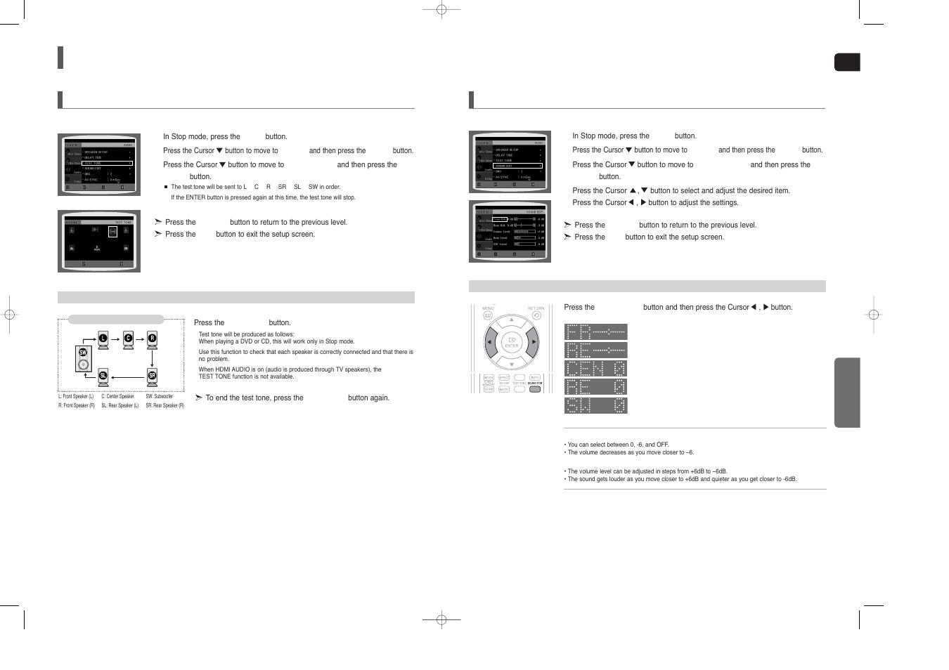 Settings, Con’t), Setting the audio | Setting the test tone | Samsung HT-X250T-XAA User Manual | Page 25 / 34