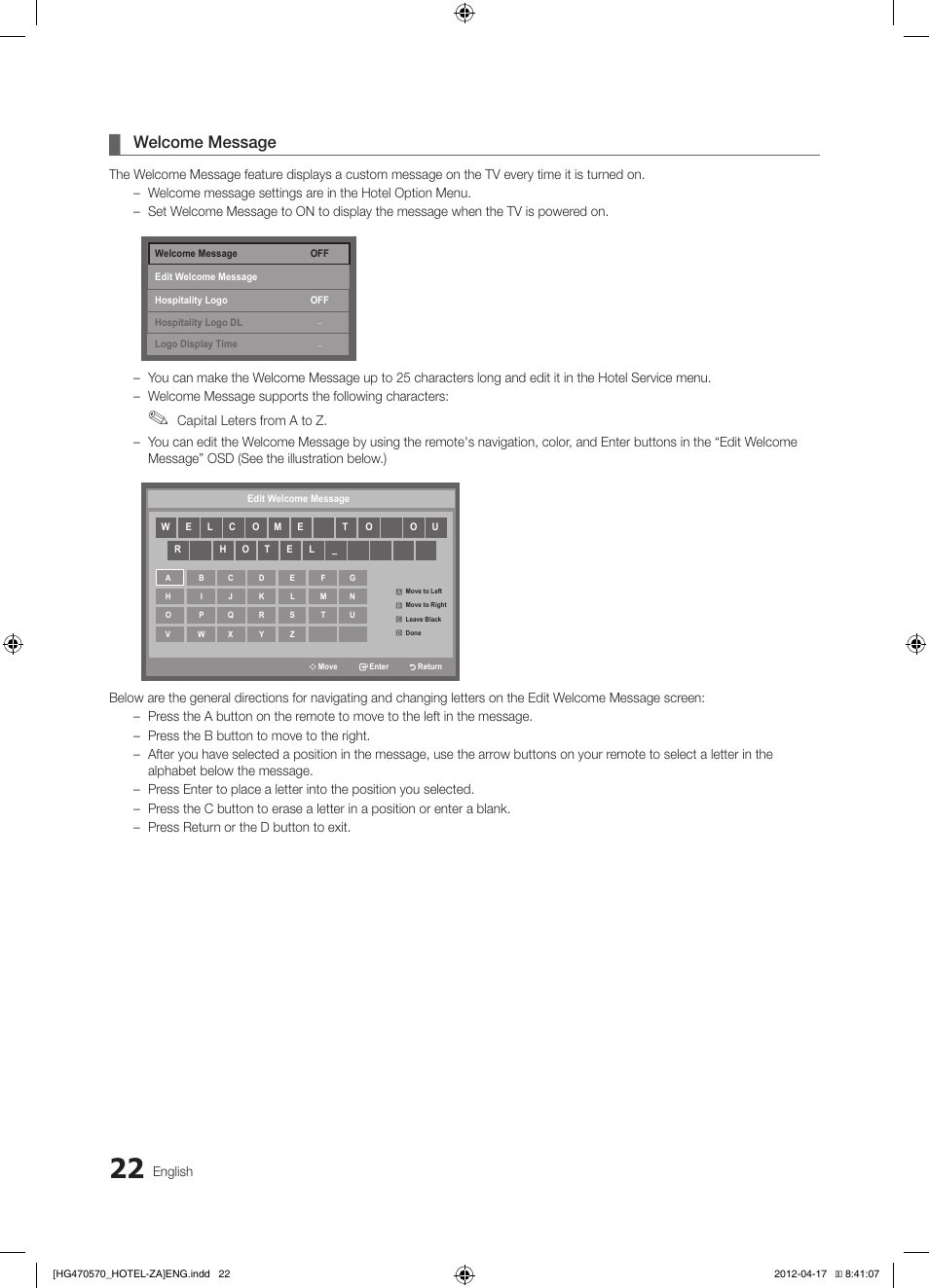 Welcome message | Samsung HG32NA470PFXZA User Manual | Page 22 / 43