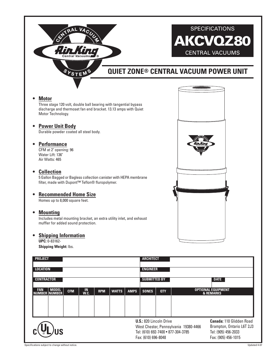 Air King AKCVQZ80 User Manual | 1 page