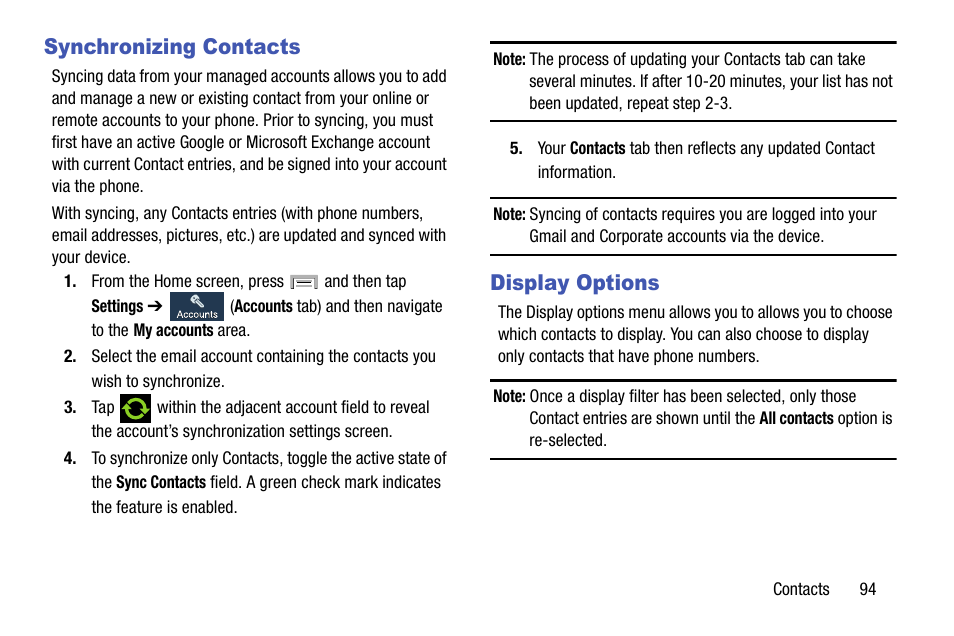 Synchronizing contacts, Display options, Synchronizing contacts display options | Samsung SGH-T999MBBTMB User Manual | Page 101 / 351