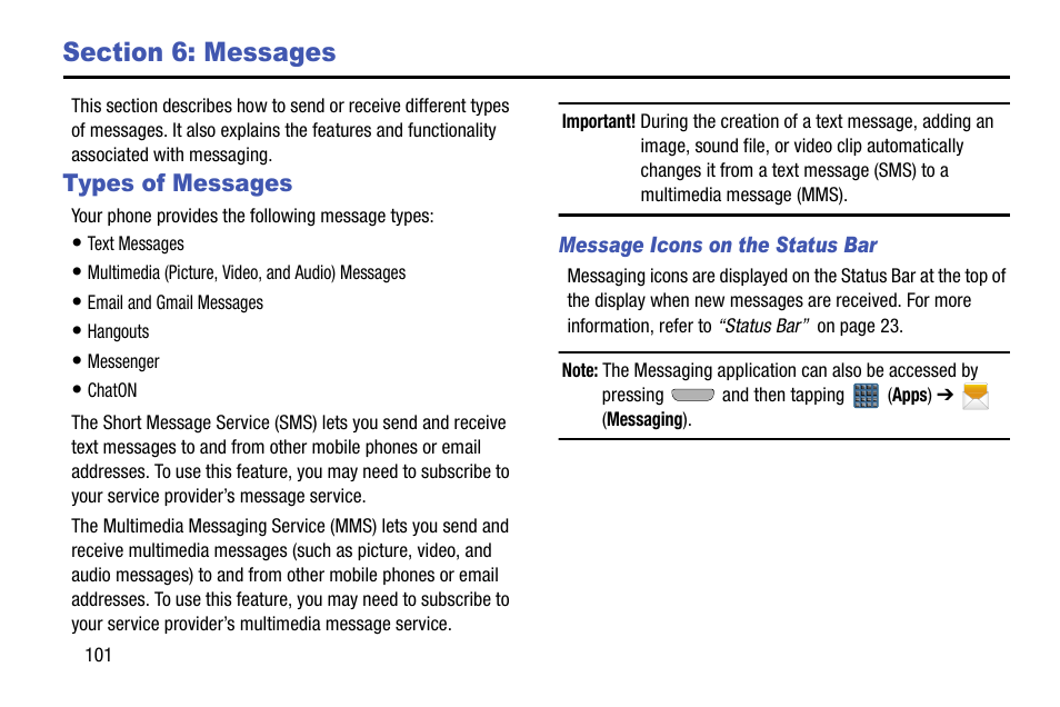 Section 6: messages, Types of messages | Samsung SGH-T999MBBTMB User Manual | Page 108 / 351