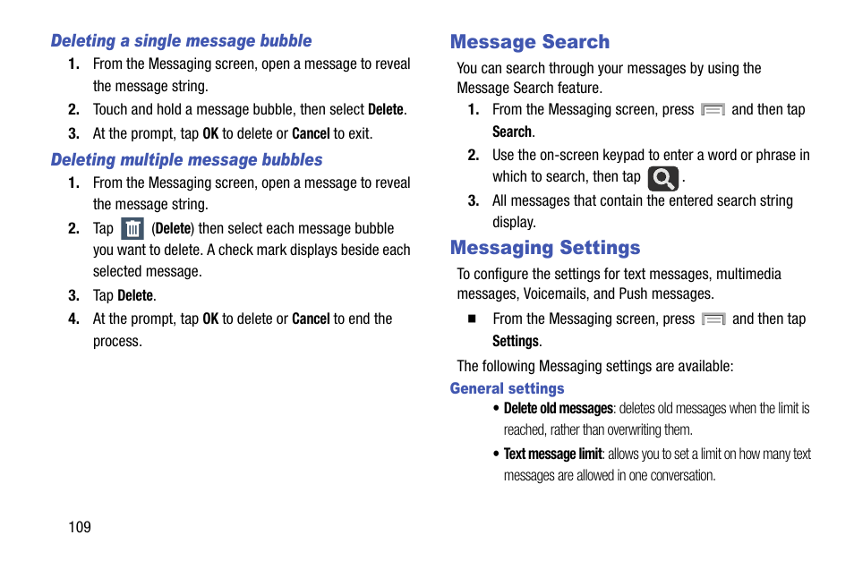 Message search, Messaging settings, Message search messaging settings | For more, For more information, refer to | Samsung SGH-T999MBBTMB User Manual | Page 116 / 351