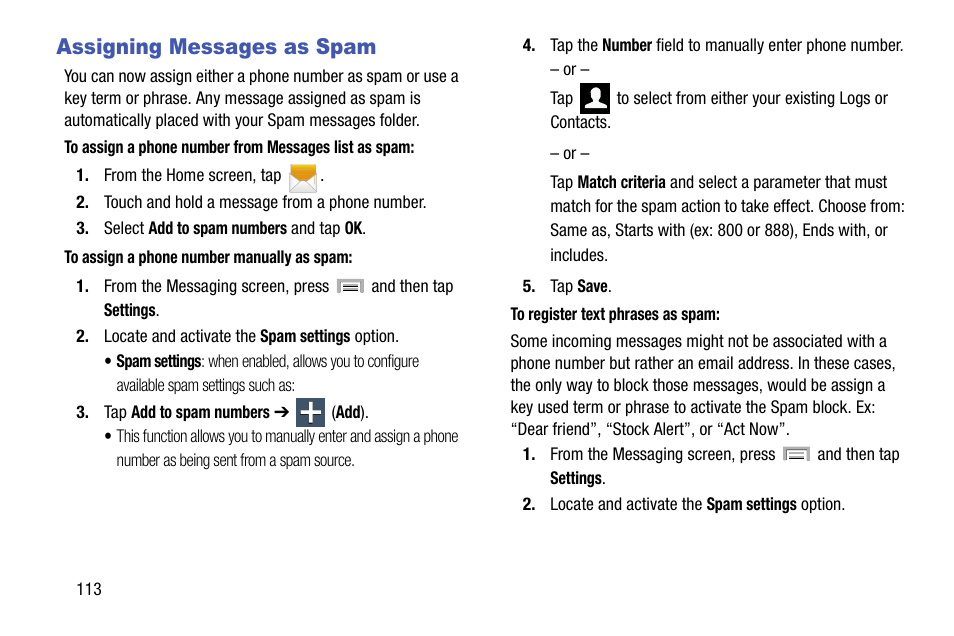 Assigning messages as spam | Samsung SGH-T999MBBTMB User Manual | Page 120 / 351