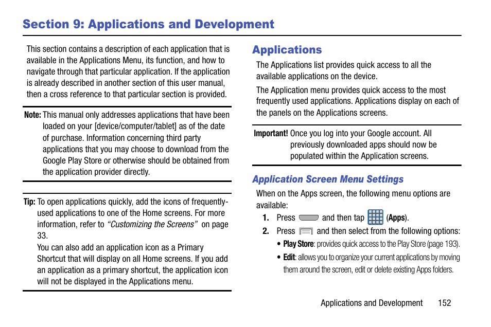 Section 9: applications and development, Applications | Samsung SGH-T999MBBTMB User Manual | Page 159 / 351