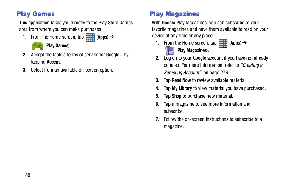 Play games, Play magazines, Play games play magazines | Samsung SGH-T999MBBTMB User Manual | Page 196 / 351