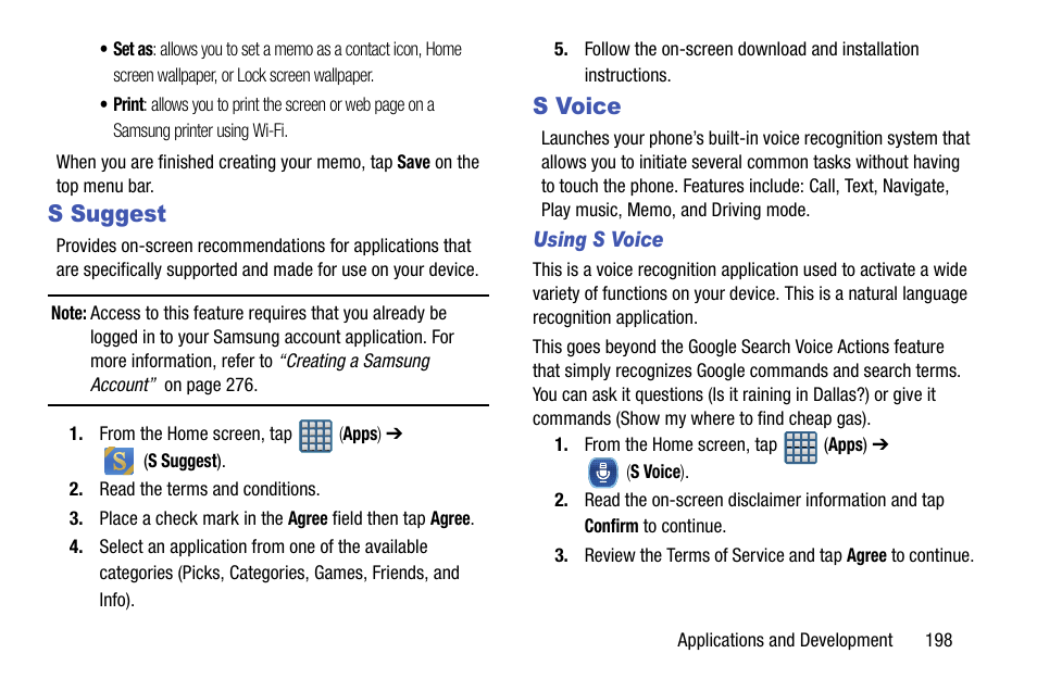 S suggest, S voice, S suggest s voice | Samsung SGH-T999MBBTMB User Manual | Page 205 / 351