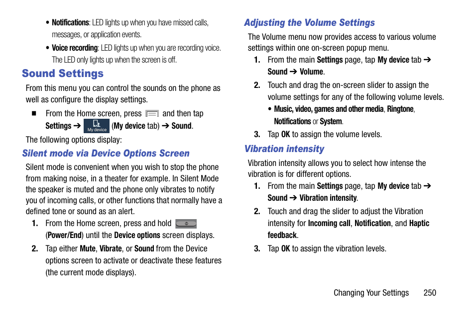 Sound settings | Samsung SGH-T999MBBTMB User Manual | Page 257 / 351