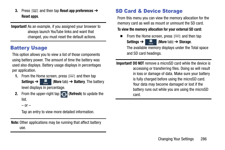 Battery usage, Sd card & device storage, Battery usage sd card & device storage | Samsung SGH-T999MBBTMB User Manual | Page 293 / 351