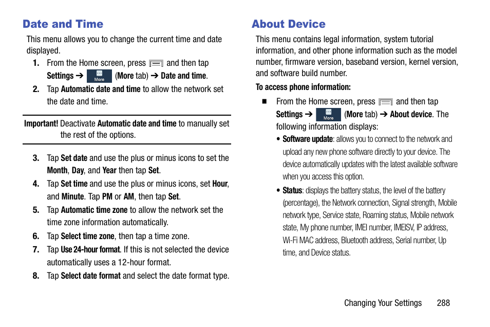 Date and time, About device, Date and time about device | Samsung SGH-T999MBBTMB User Manual | Page 295 / 351