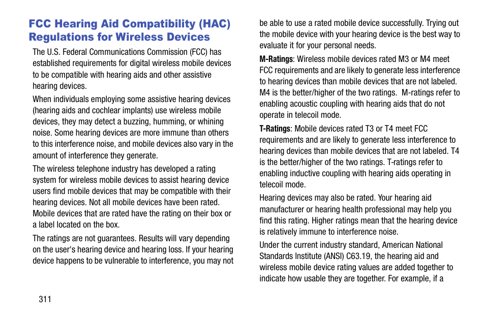 Fcc hearing aid compatibility (hac), Regulations for wireless devices | Samsung SGH-T999MBBTMB User Manual | Page 318 / 351