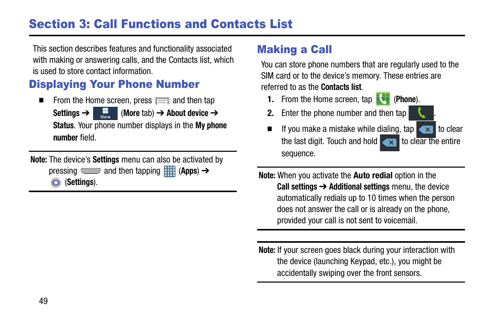 Section 3: call functions and contacts list, Displaying your phone number, Making a call | Displaying your phone number making a call | Samsung SGH-T999MBBTMB User Manual | Page 56 / 351