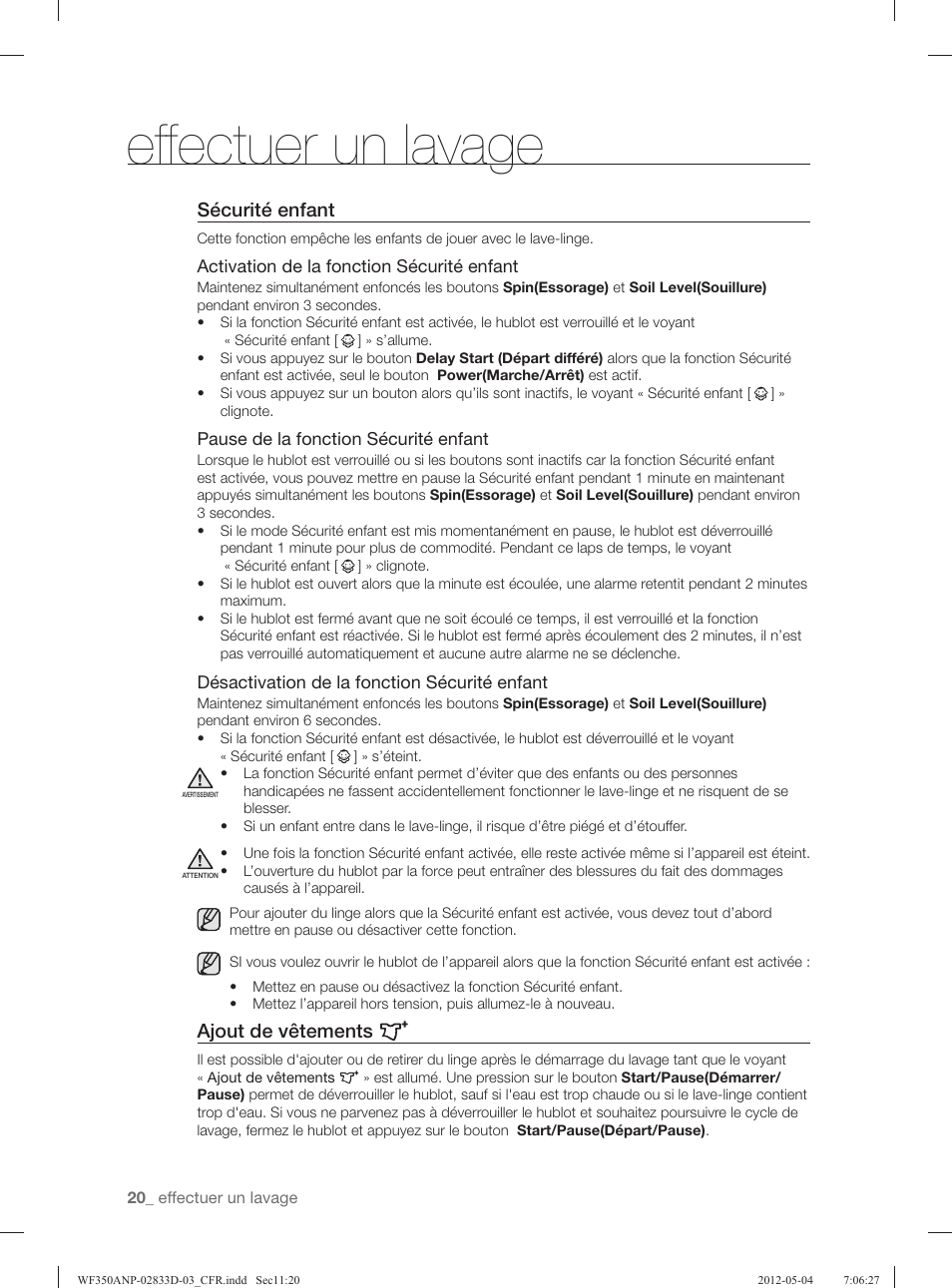 Effectuer un lavage, Sécurité enfant, Ajout de vêtements | Samsung WF350ANR-XAA User Manual | Page 100 / 120