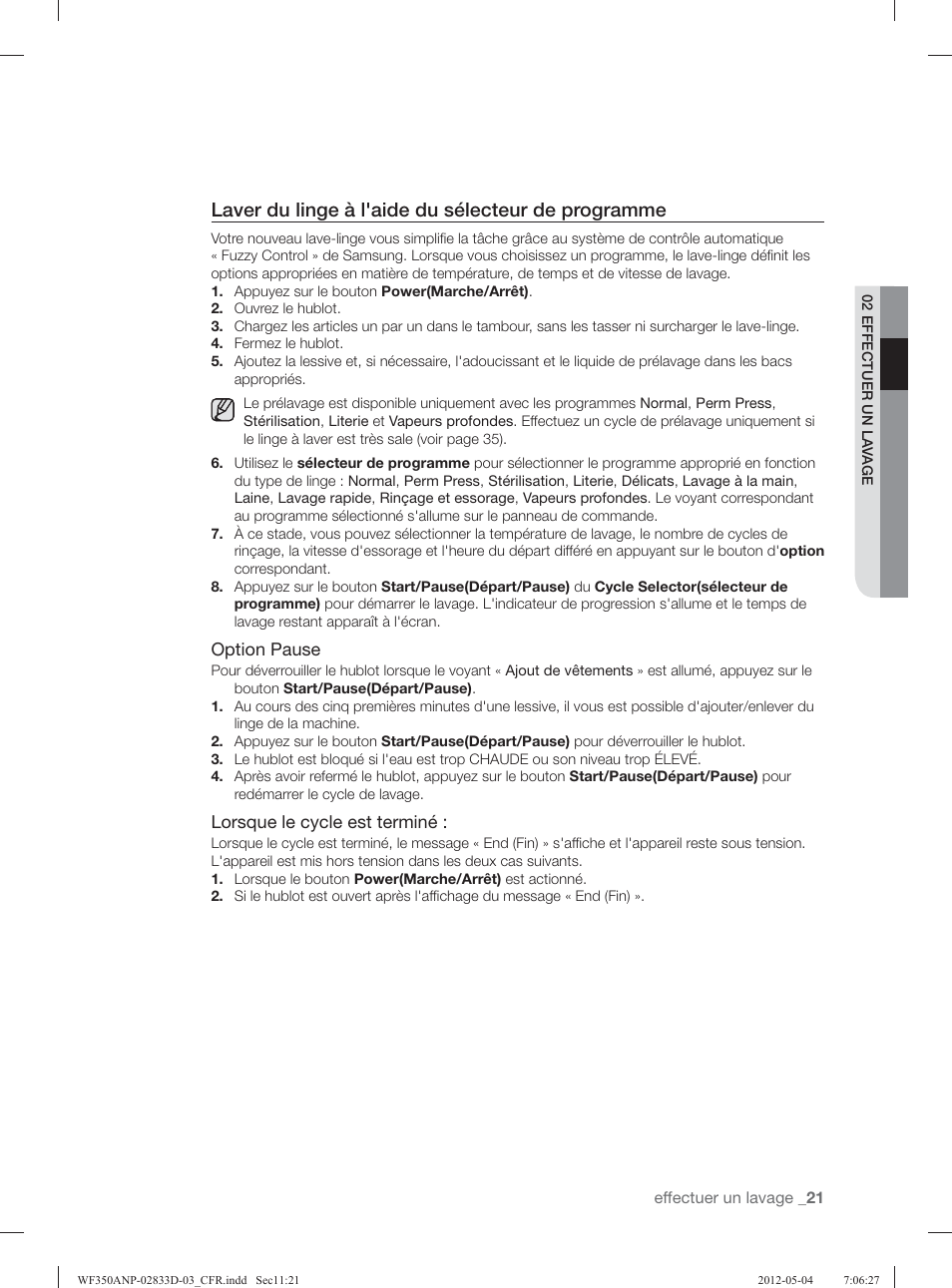 Laver du linge à l'aide du sélecteur de programme | Samsung WF350ANR-XAA User Manual | Page 101 / 120