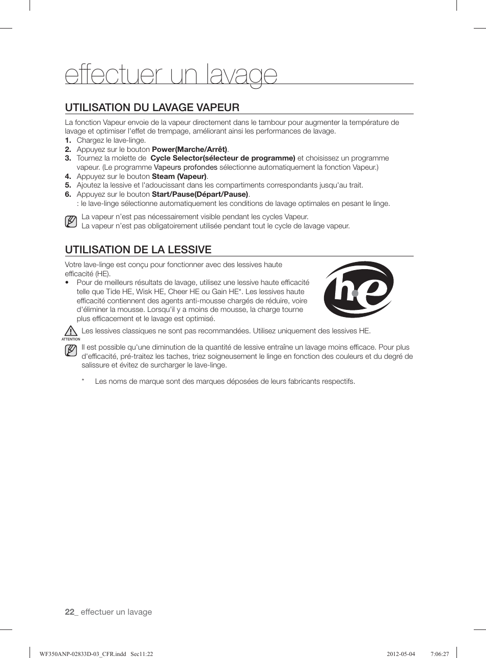 Effectuer un lavage, Utilisation du lavage vapeur, Utilisation de la lessive | Samsung WF350ANR-XAA User Manual | Page 102 / 120