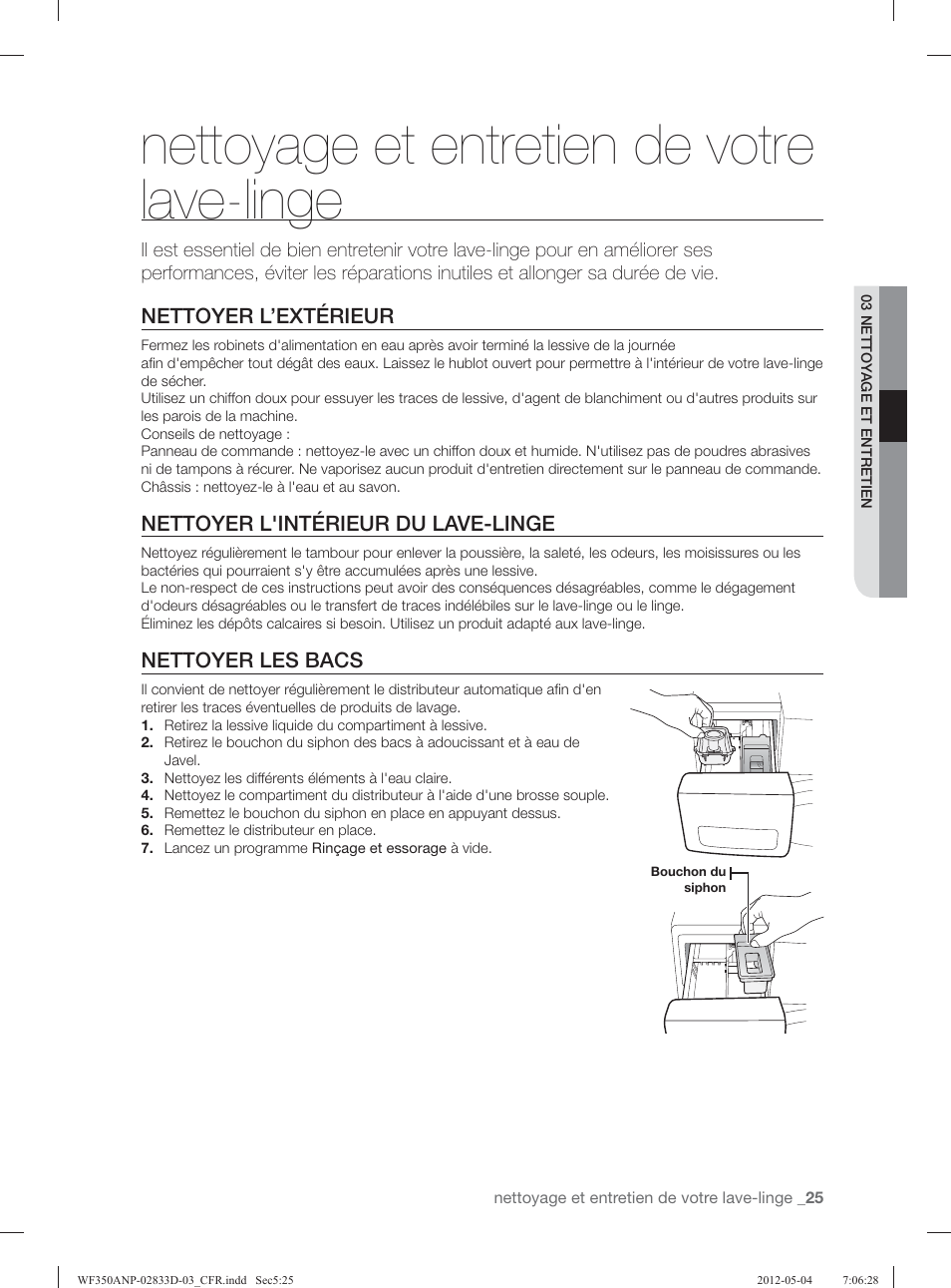 Nettoyage et entretien de votre lave-linge, Nettoyer l’extérieur, Nettoyer l'intérieur du lave-linge | Nettoyer les bacs | Samsung WF350ANR-XAA User Manual | Page 105 / 120