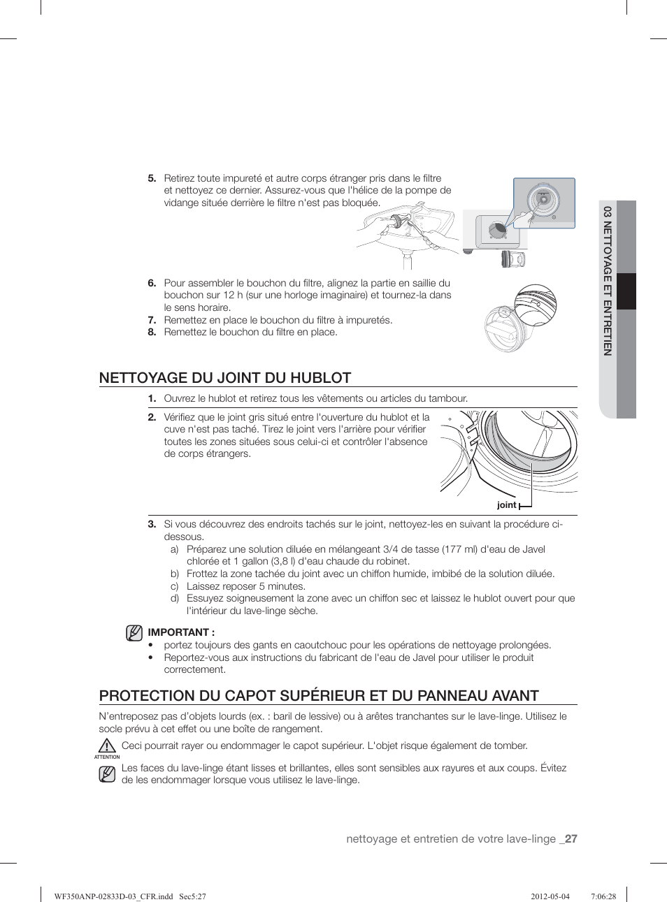 Nettoyage du joint du hublot, Protection du capot supérieur et du panneau avant | Samsung WF350ANR-XAA User Manual | Page 107 / 120