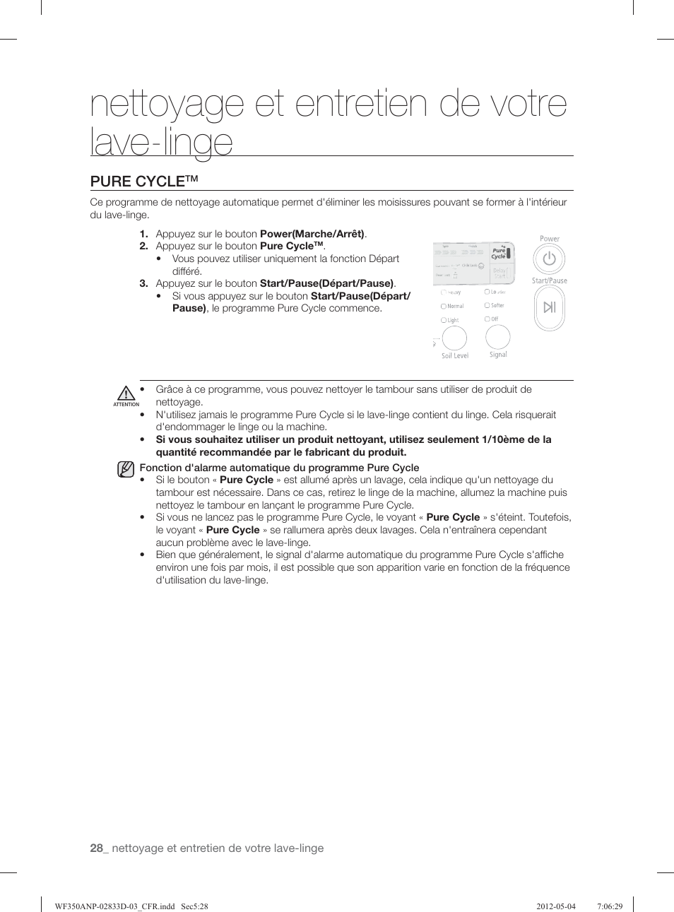 Nettoyage et entretien de votre lave-linge, Pure cycle | Samsung WF350ANR-XAA User Manual | Page 108 / 120