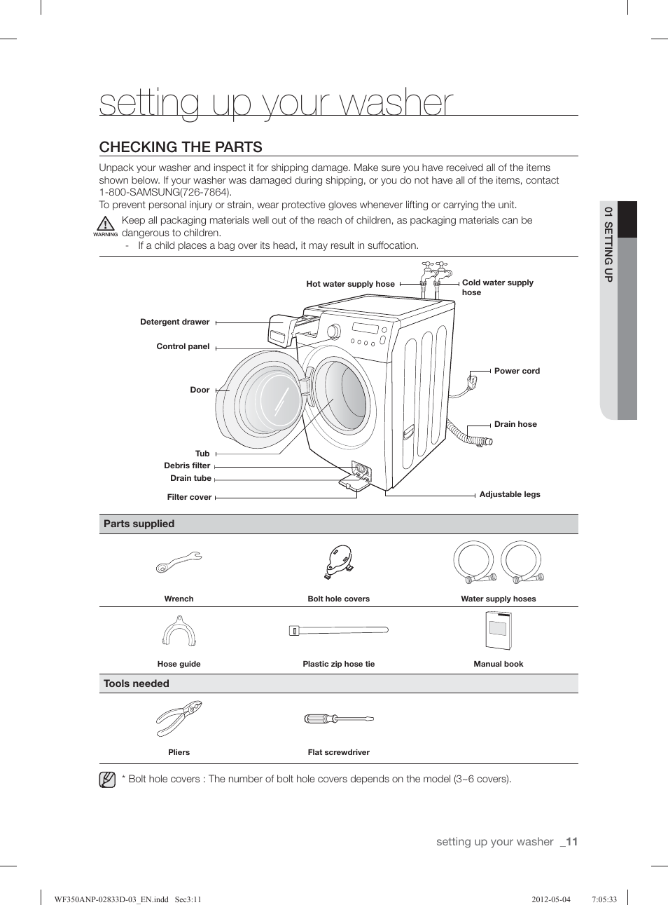 Setting up your washer, Checking the parts, Setting up your washer _11 | Samsung WF350ANR-XAA User Manual | Page 11 / 120