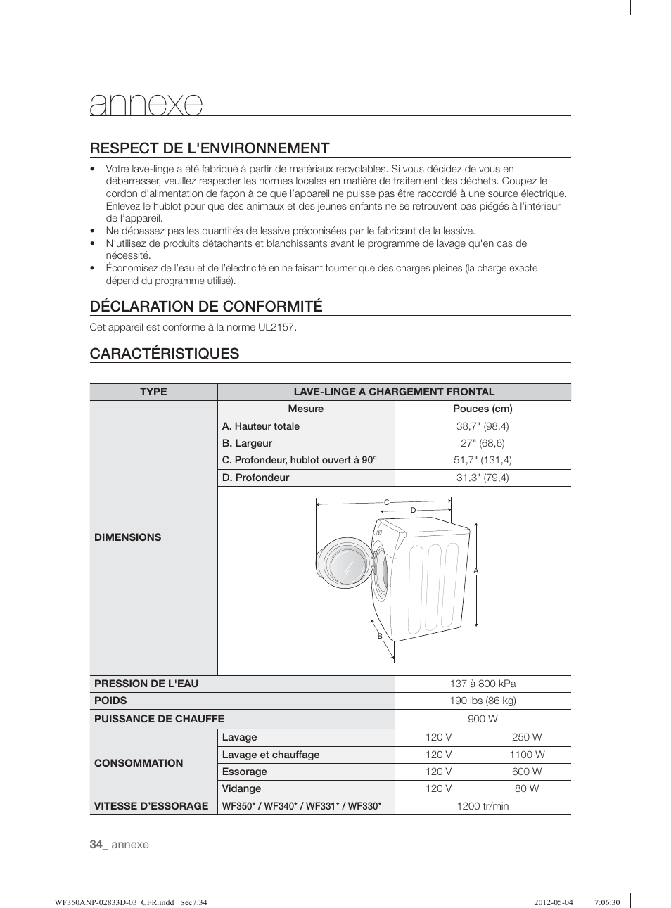 Annexe, Respect de l'environnement, Déclaration de conformité | Caractéristiques | Samsung WF350ANR-XAA User Manual | Page 114 / 120