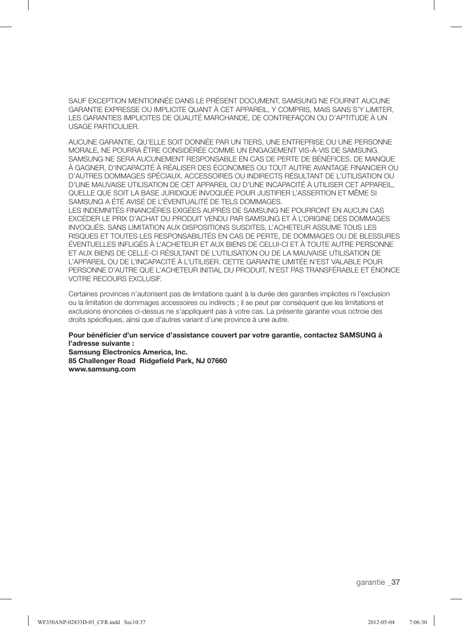 Garantie _37 | Samsung WF350ANR-XAA User Manual | Page 117 / 120