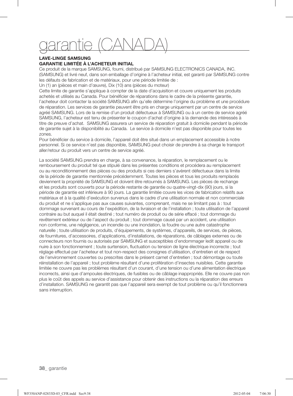 Garantie (canada) | Samsung WF350ANR-XAA User Manual | Page 118 / 120