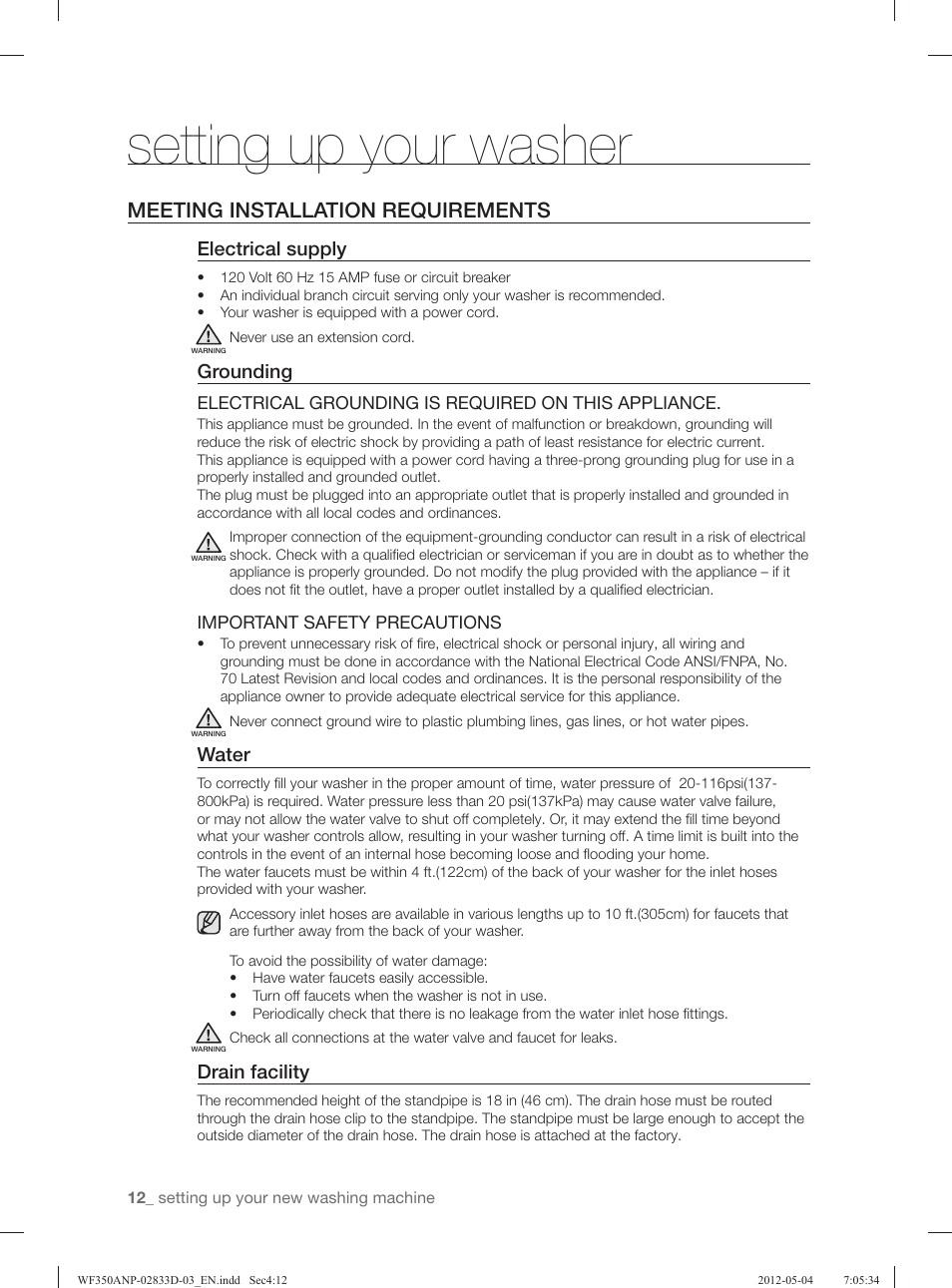 Setting up your washer, Meeting installation requirements, Electrical supply | Grounding, Water, Drain facility | Samsung WF350ANR-XAA User Manual | Page 12 / 120