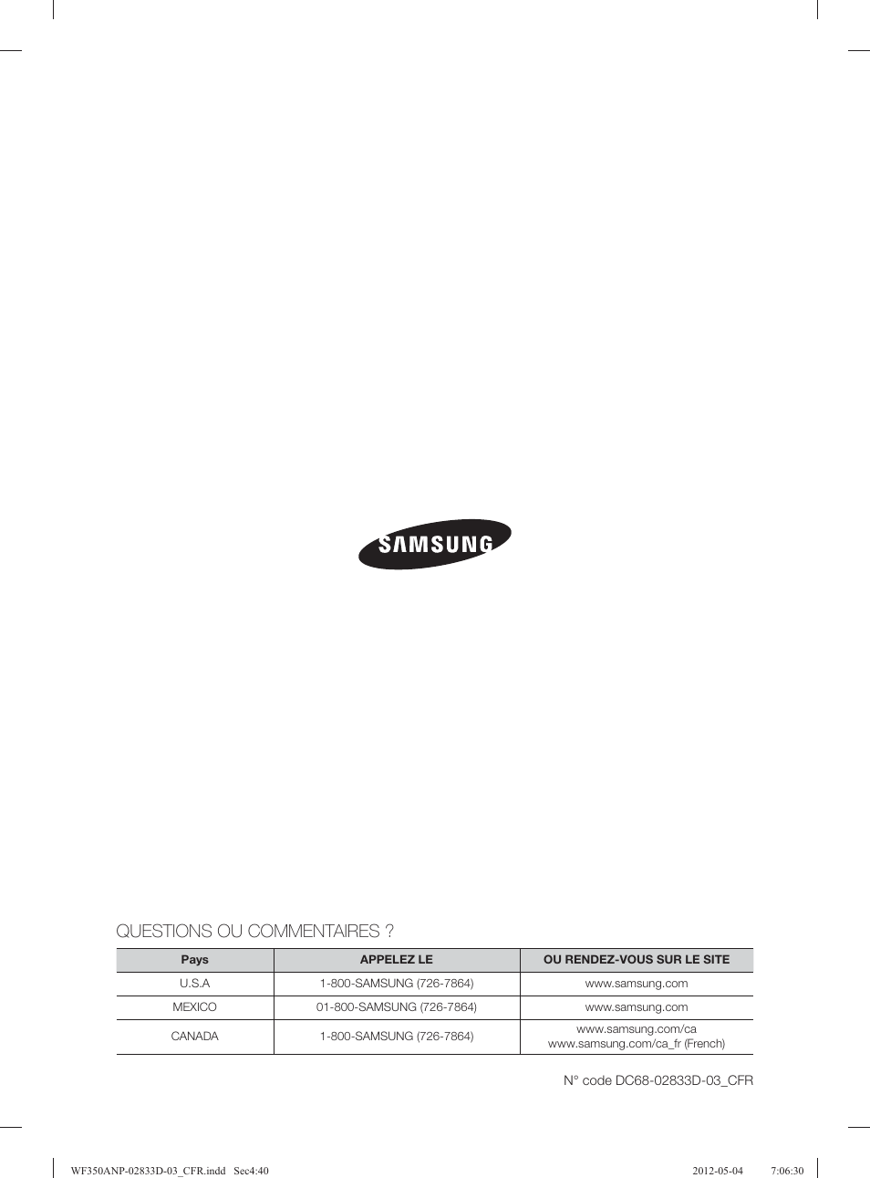 Questions ou commentaires | Samsung WF350ANR-XAA User Manual | Page 120 / 120