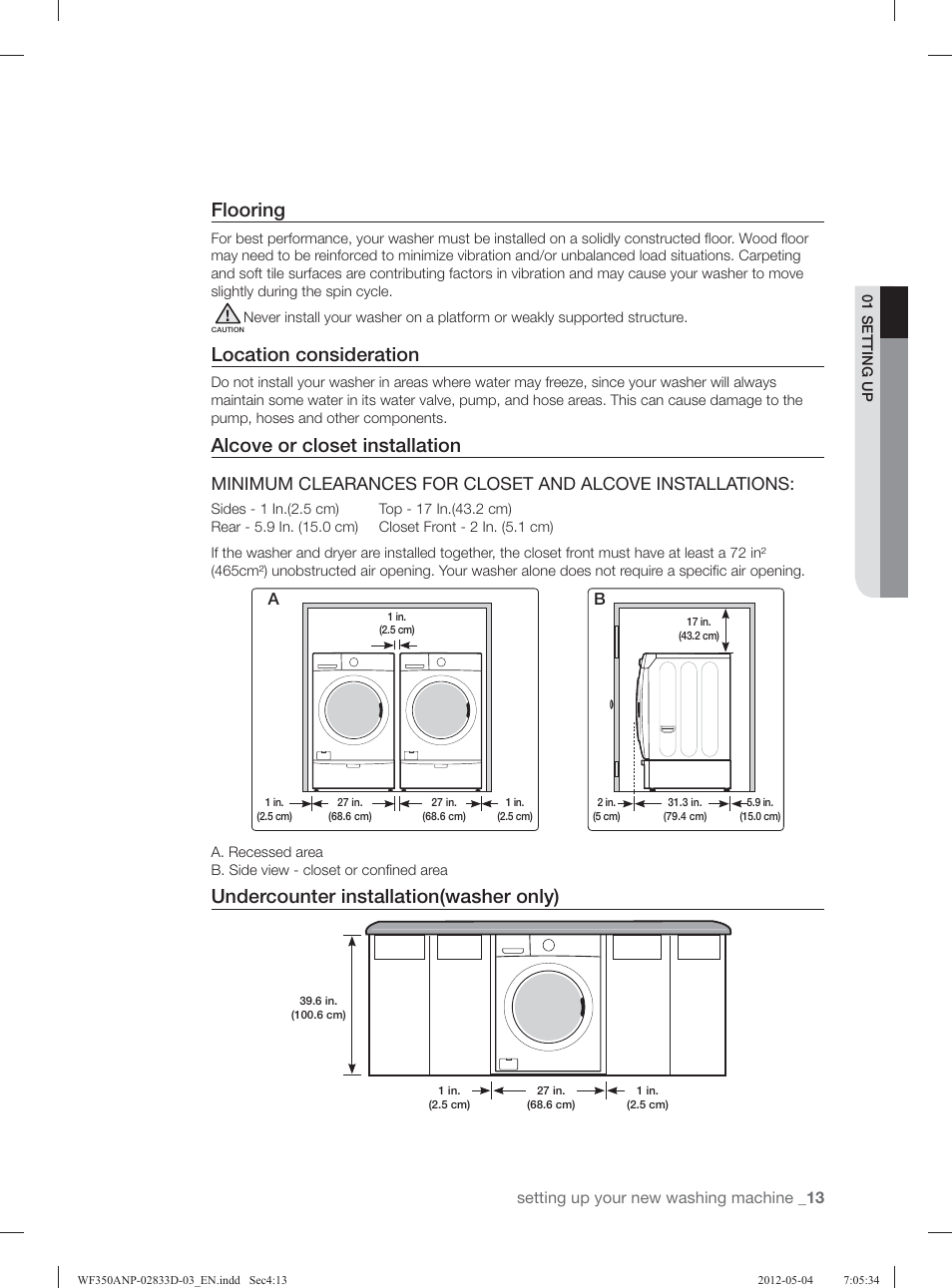 Flooring, Location consideration, Alcove or closet installation | Undercounter installation(washer only), Setting up your new washing machine _13 | Samsung WF350ANR-XAA User Manual | Page 13 / 120
